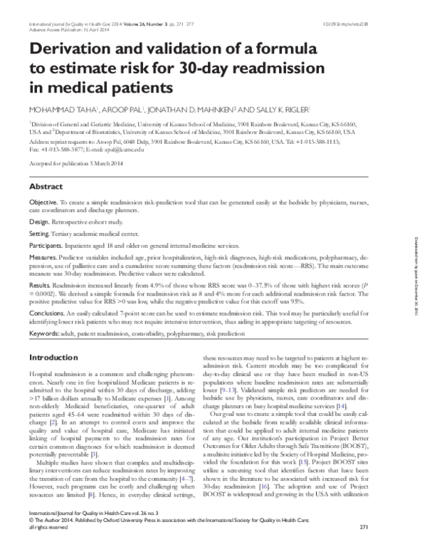 (PDF) Derivation and validation of a formula to estimate risk for 30 ...