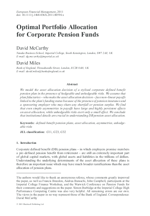 (PDF) Optimal Portfolio Allocation for Corporate Pension Funds