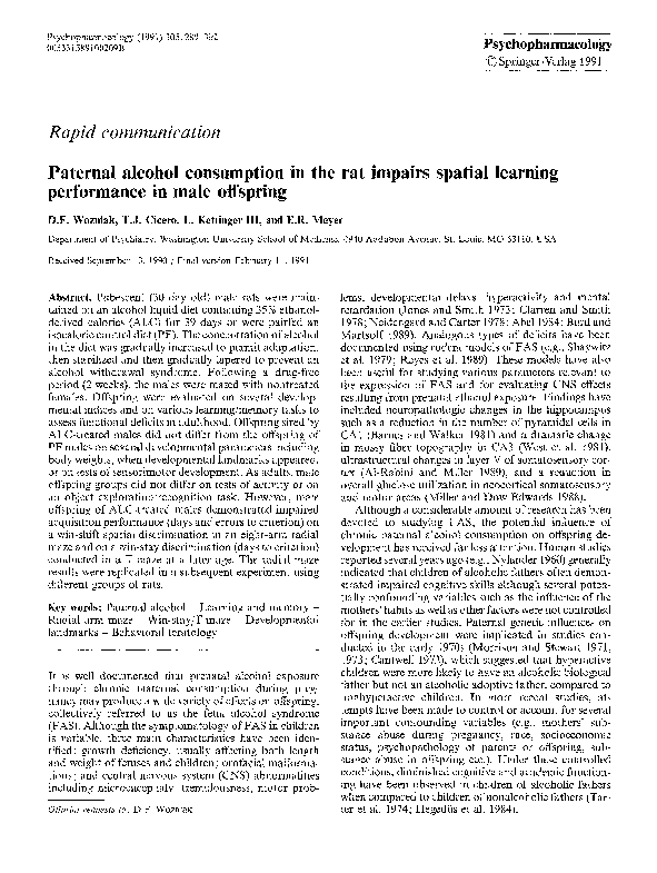(PDF) Paternal alcohol consumption in the rat impairs spatial learning