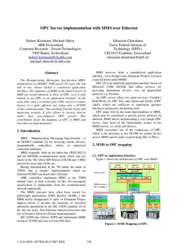 (PDF) OPC server implementation with MMS over Ethernet