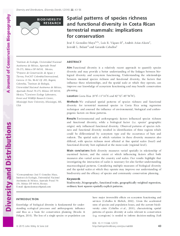 Spatial patterns of species richness and functional diversity in Costa ...