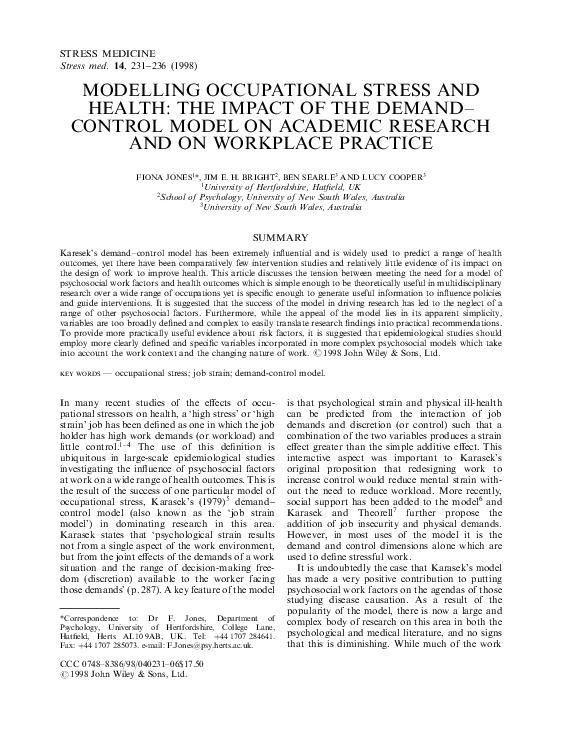 (PDF) Modelling occupational stress and health the impact of the