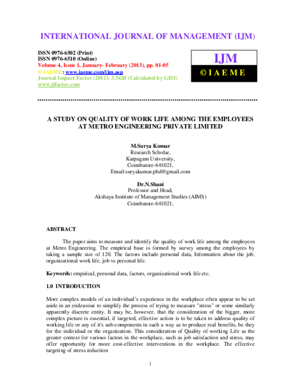 (PDF) A STUDY ON QUALITY OF WORK LIFE AMONG THE EMPLOYEES AT METRO ...