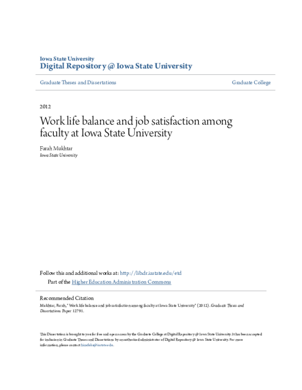 (PDF) Work life balance and job satisfaction among faculty at Iowa ...