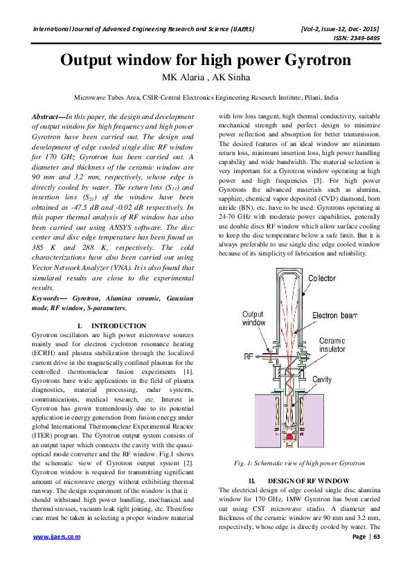Output window for high power Gyrotron