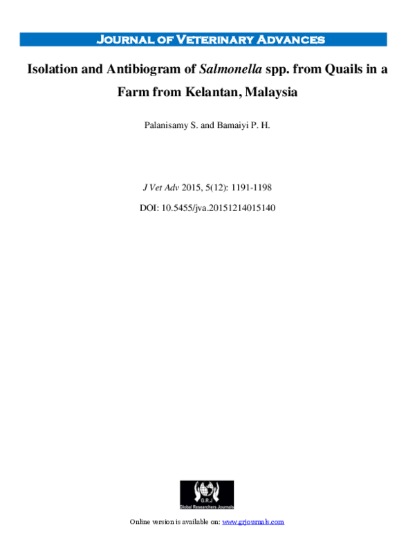 (PDF) Isolation and Antibiogram of Salmonella spp. from Quails in a ...