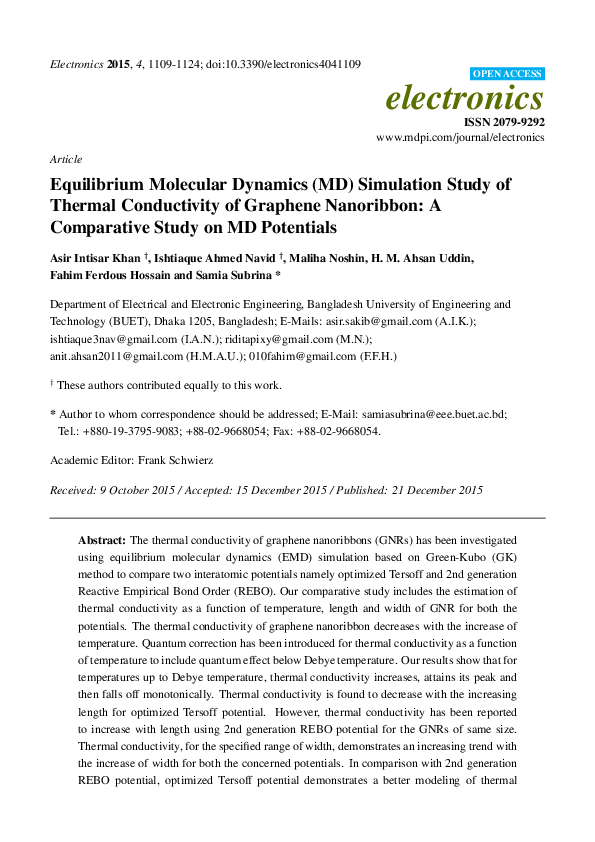 (PDF) Equilibrium Molecular Dynamics (MD) Simulation Study of Thermal ...