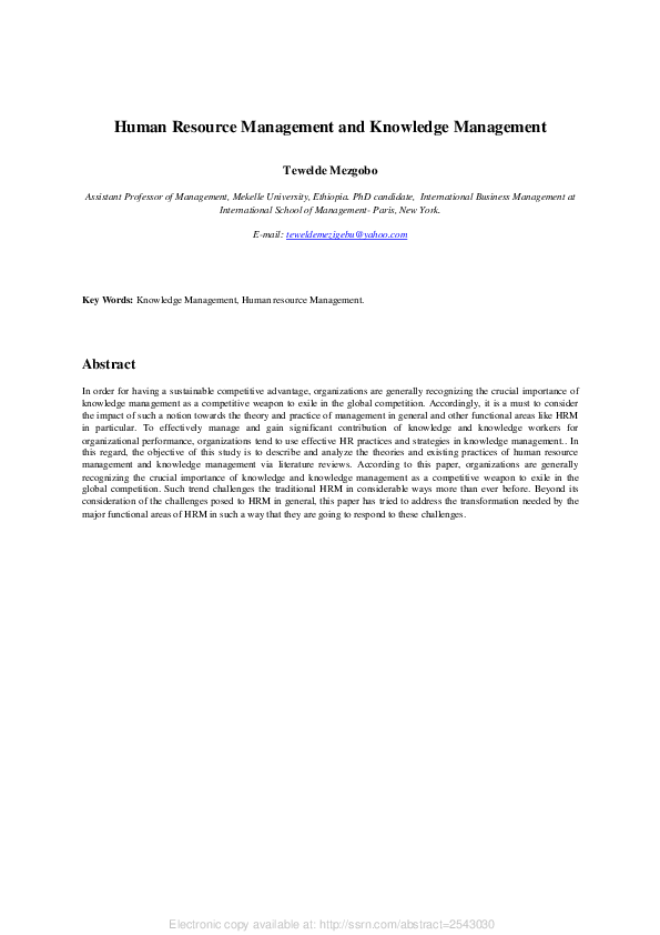 (PDF) Human Resource Management and Knowledge Management