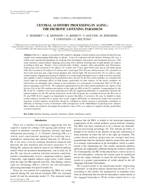 (PDF) Central auditory processing in aging: The dichotic listening paradigm
