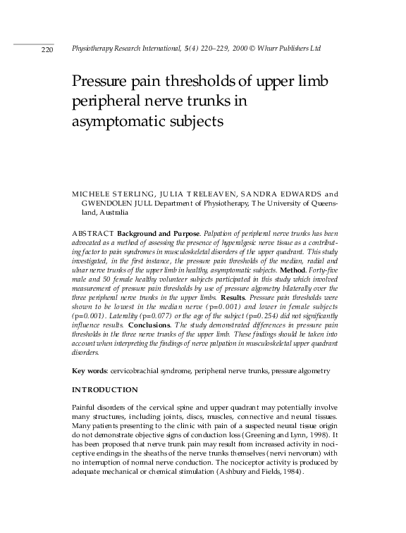 (PDF) Pressure pain thresholds of upper limb peripheral nerve trunks in