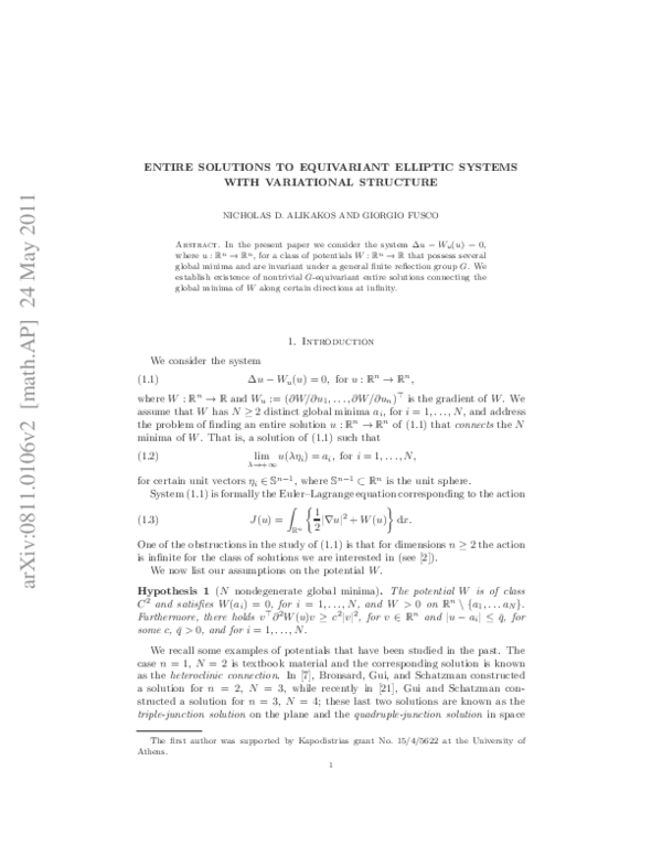(PDF) Entire Solutions to Equivariant Elliptic Systems with Variational ...