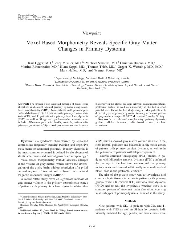 (PDF) Voxel based morphometry reveals specific gray matter changes in ...