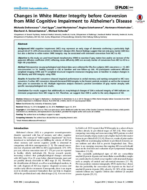 (PDF) Changes in White Matter Integrity before Conversion from Mild ...