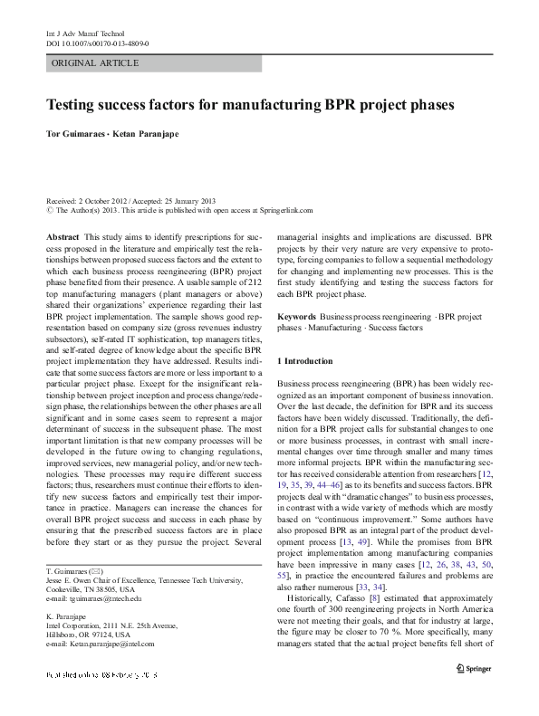 (PDF) Testing success factors for manufacturing BPR project phases Tor Guimaraes Academia.edu