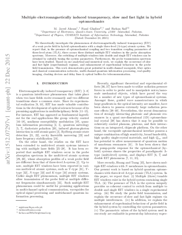 (PDF) Multiple electromagnetically induced transparency, slow and fast ...