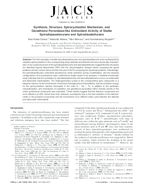 PDF) Synthesis, Structure, Spirocyclization Mechanism, and Glutathione  Peroxidase-like Antioxidant Activity of Stable Spirodiazaselenurane and  Spirodiazatellurane
