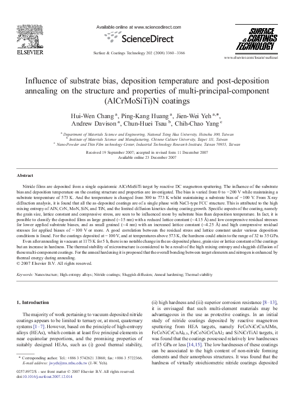 (PDF) Influence of substrate bias, deposition temperature and post ...