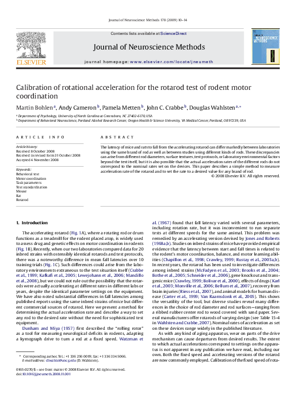 (PDF) Calibration of rotational acceleration for the rotarod test of