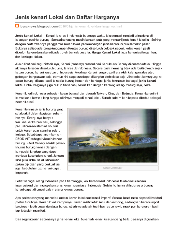 Jenis Kenari Lokal Dan Daftar Harganya Karmo En Ogawa Academia Edu