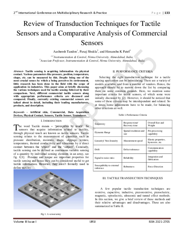 (PDF) Review of Transduction Techniques for Tactile Sensors and a ...