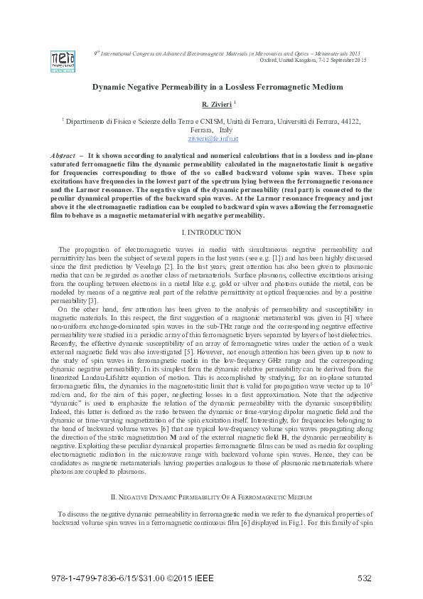 (PDF) Dynamic Negative Permeability in a Lossless Ferromagnetic Medium