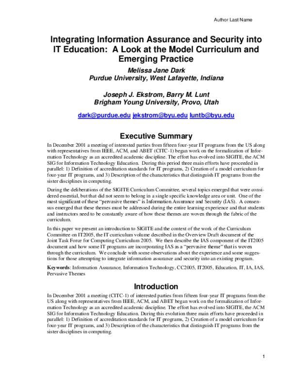  PDF Integrating Information Assurance And Security Into IT Education 