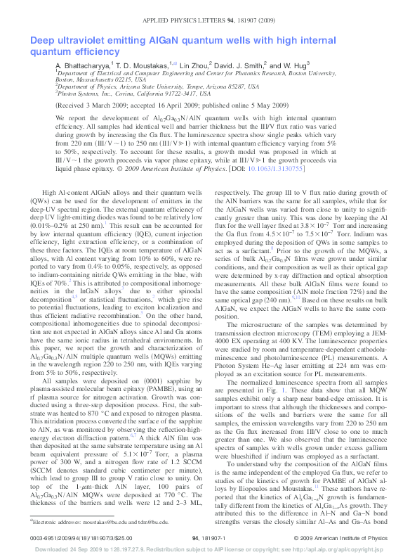 (PDF) Deep ultraviolet emitting AlGaN quantum wells with high internal ...