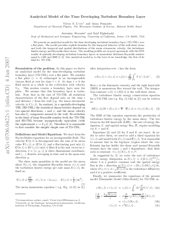 (PDF) Analytical model of the time developing turbulent boundary layer