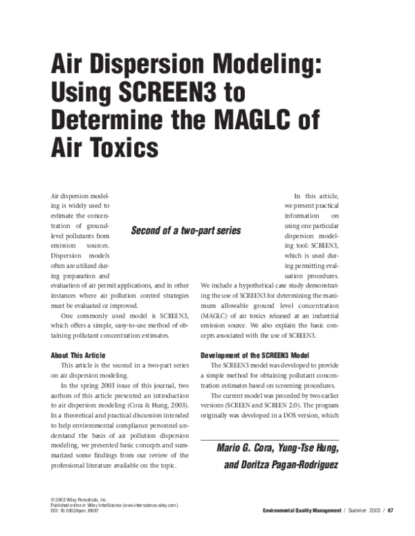 (PDF) Air dispersion modeling: Using SCREEN3 to determine the MAGLC of ...