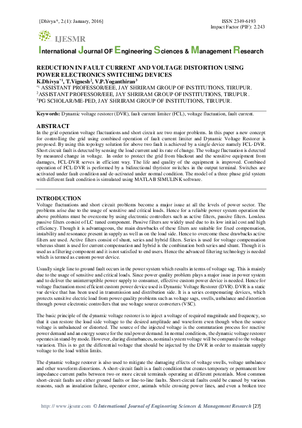 (PDF) REDUCTION IN FAULT CURRENT AND VOLTAGE DISTORTION USING POWER