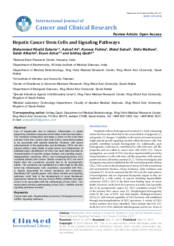 (PDF) Hepatic Cancer Stem Cells and Signaling Pathways
