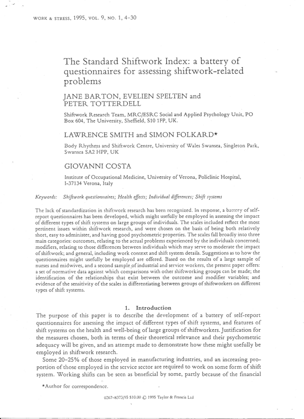 (PDF) The Standard Shiftwork Index: a battery of questionnaires for ...