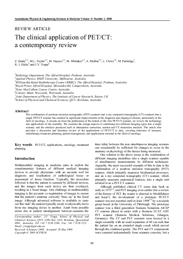 (PDF) The clinical application of PET/CT: a contemporary review