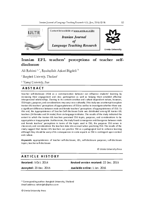 (PDF) Iranian EFL teachers' perceptions of teacher self-disclosure