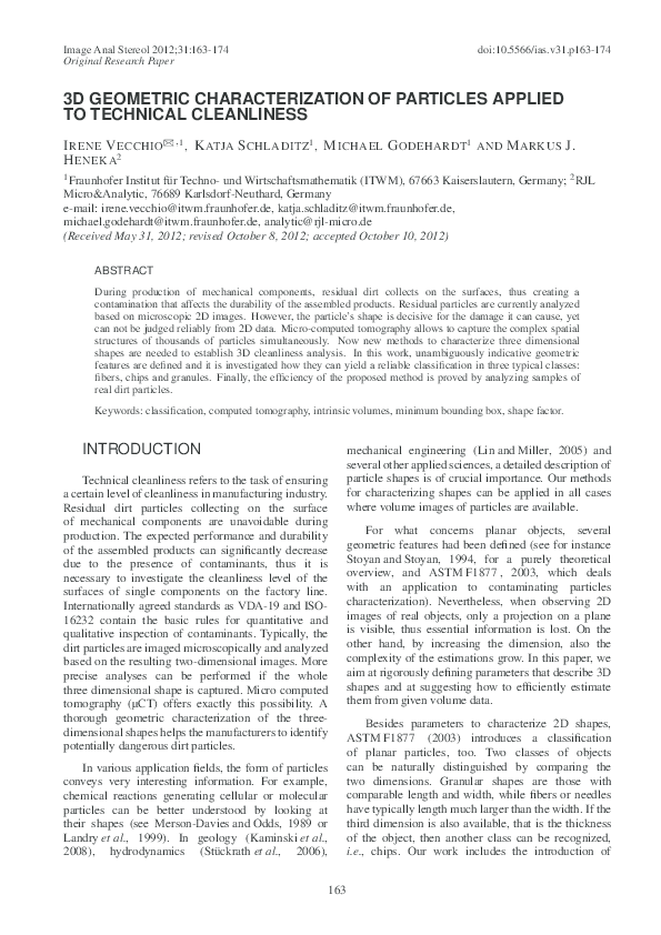 (PDF) 3D GEOMETRIC CHARACTERIZATION OF PARTICLES APPLIED TO TECHNICAL ...