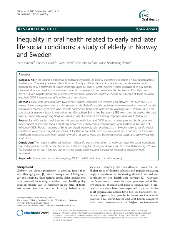 (PDF) Inequality in oral health related to early and later life social ...