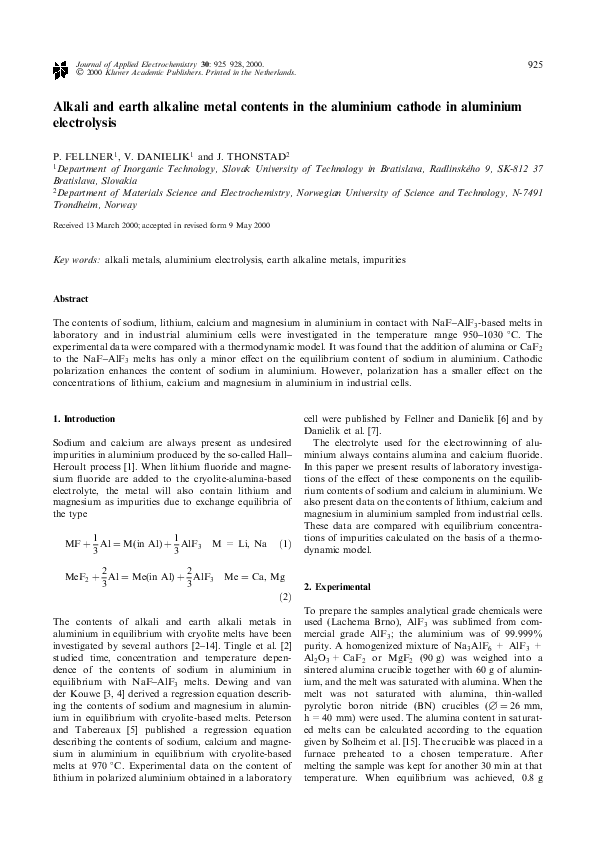 (PDF) Alkali and earth alkaline metal contents in the aluminium cathode ...
