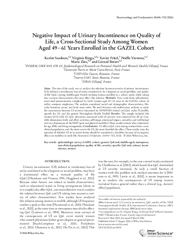 (PDF) Negative impact of urinary incontinence on quality of life, a ...