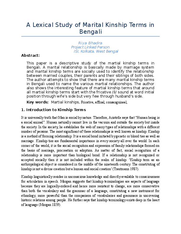 (DOC) A Lexical Study of Marital Kinship Terms in Bengali Riya Bhadra