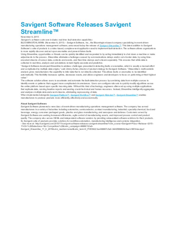 (DOC) Savigent Software Releases Savigent Streamline | Eric Sutherland ...