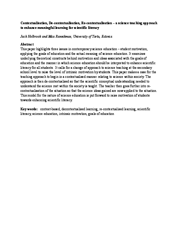(DOC) Contextualisation, de-contextualisation, recontextualisation–A ...