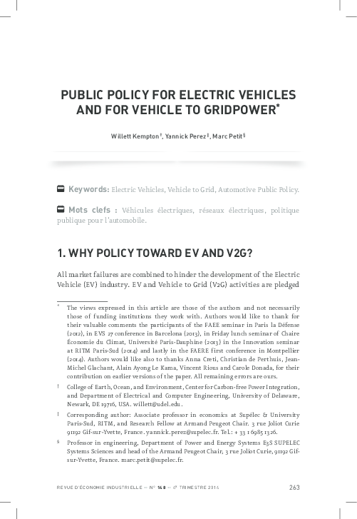 (PDF) Public Policy for Electric Vehicles and for Vehicle to GridPower ...