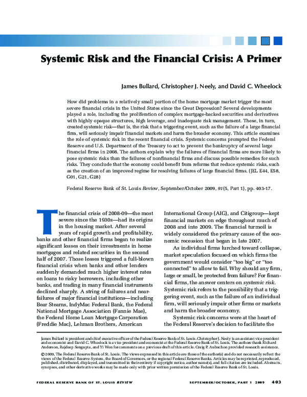 (PDF) Systemic risk and the financial crisis: a primer