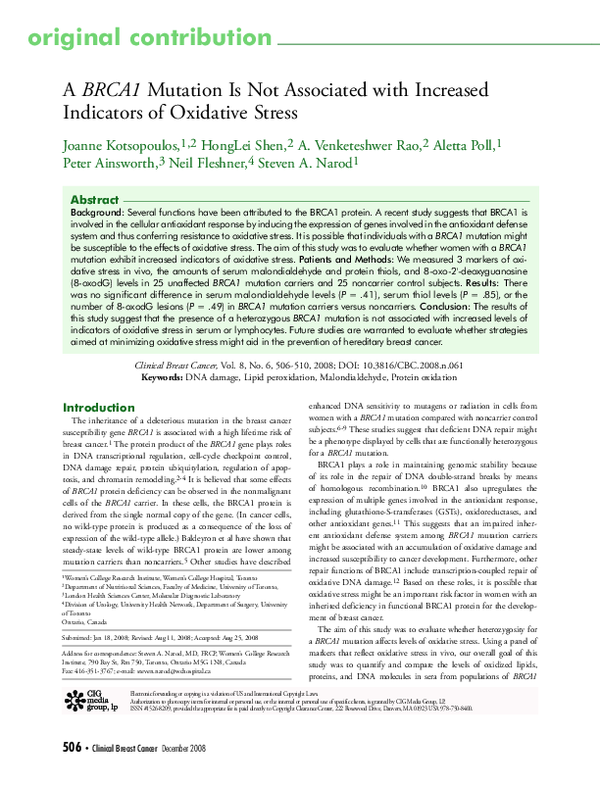 (PDF) A BRCA1 Mutation Is Not Associated with Increased Indicators of ...