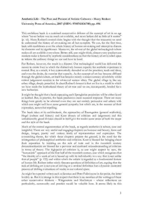 (PDF) Review - Aesthetic Life The Past and Present of Artistic Cultures ...