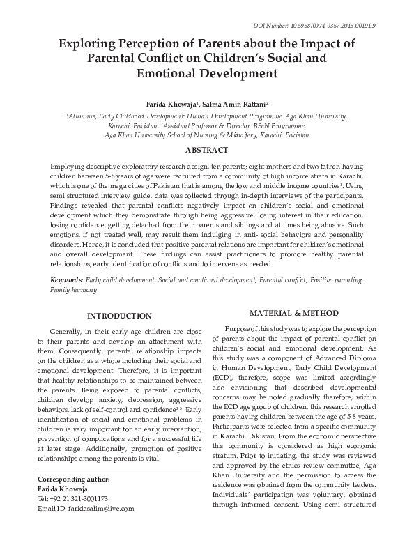 Pdf Exploring Perception Of Parents About The Impact Of Parental Conflict On Children S Social And Emotional Development Salma Rattani Academia Edu