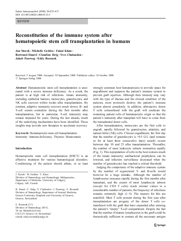 (PDF) Reconstitution of the immune system after hematopoietic stem cell ...