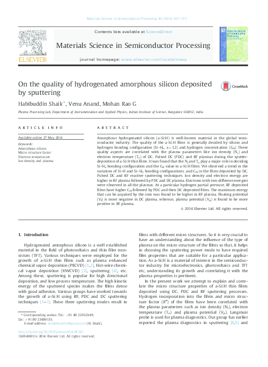(PDF) On the quality of hydrogenated amorphous silicon deposited by ...