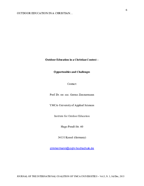 (PDF) Zimmermann, Germo (2015): Outdoor education in a Christian ...