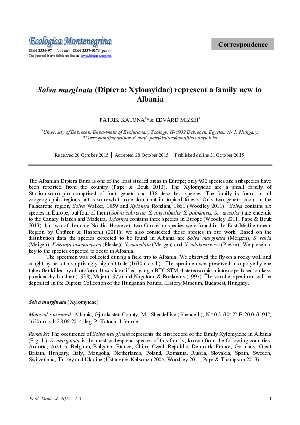 PDF) Solva marginata (Diptera: Xylomyidae) represent a family new to Albania